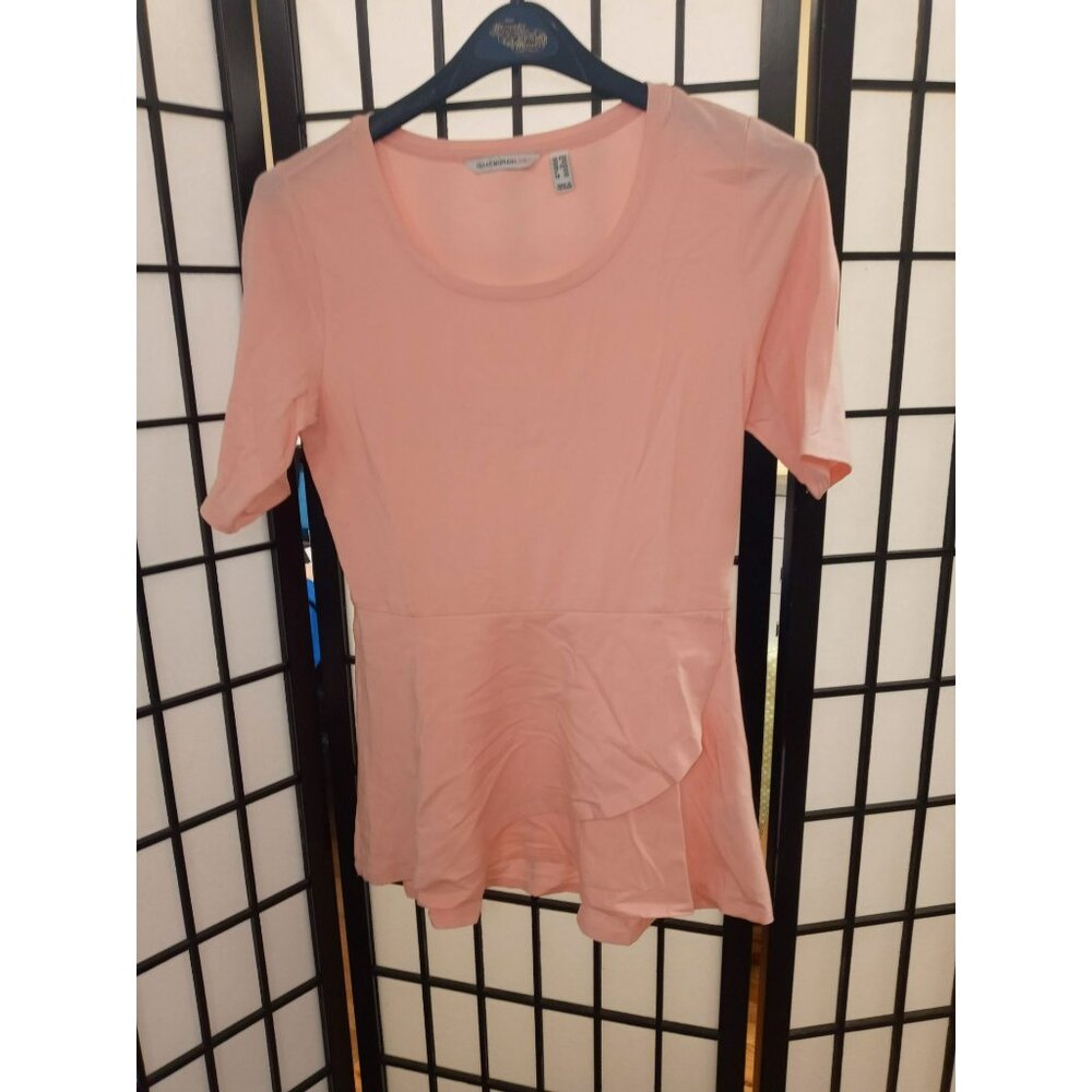 Isaac Mizrahi Live Peplum Top Pink Size XXS Elbow Sleeve Scoop Neck Flounce Knit